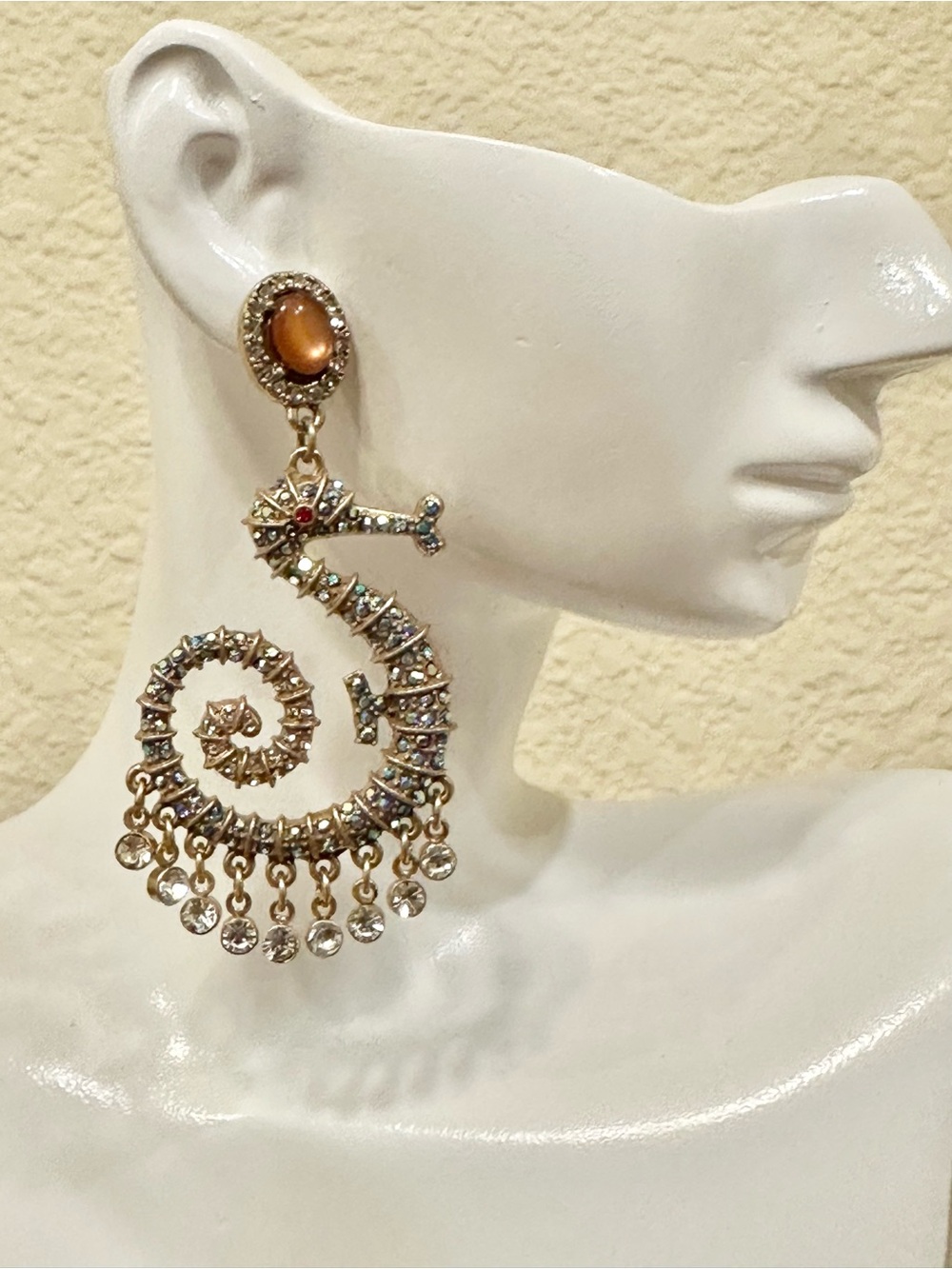 Gold-Tone Spiral Seahorse Drop Earrings with Amber Cabochon